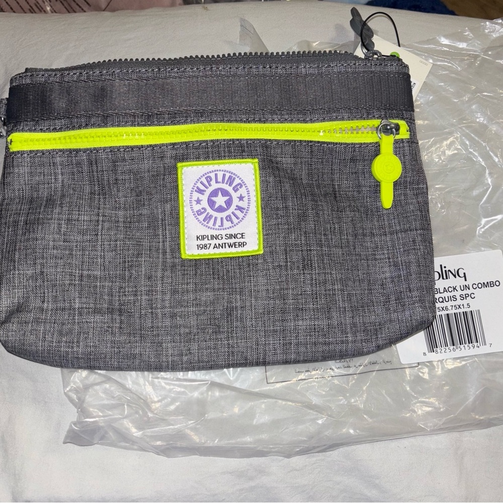 Kipling Gray Pouch with Neon Accents nwt